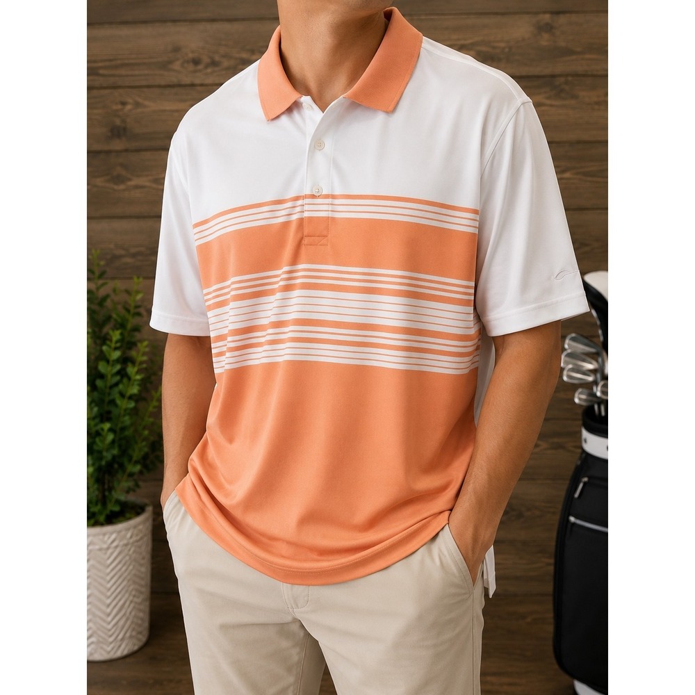 Golf America Men's XXL White Peach Striped Performance Golf Polo Shirt 100%...